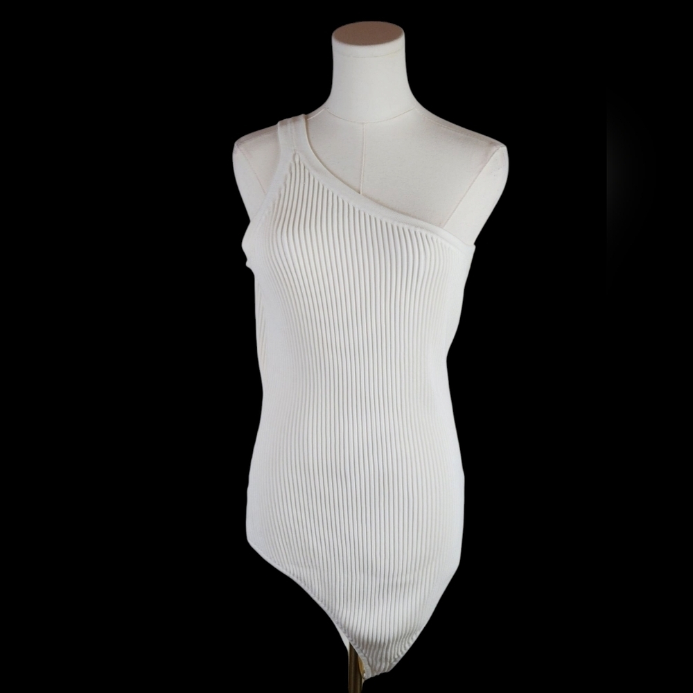 GUESS White One-Shoulder Ribbed Bodysuit Asymmetrical Neckline Size XL